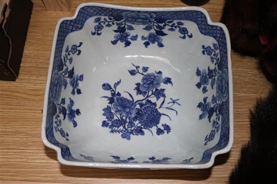 A Chinese blue and white square bowl, diameter 26cms and a famille noire jar and cover